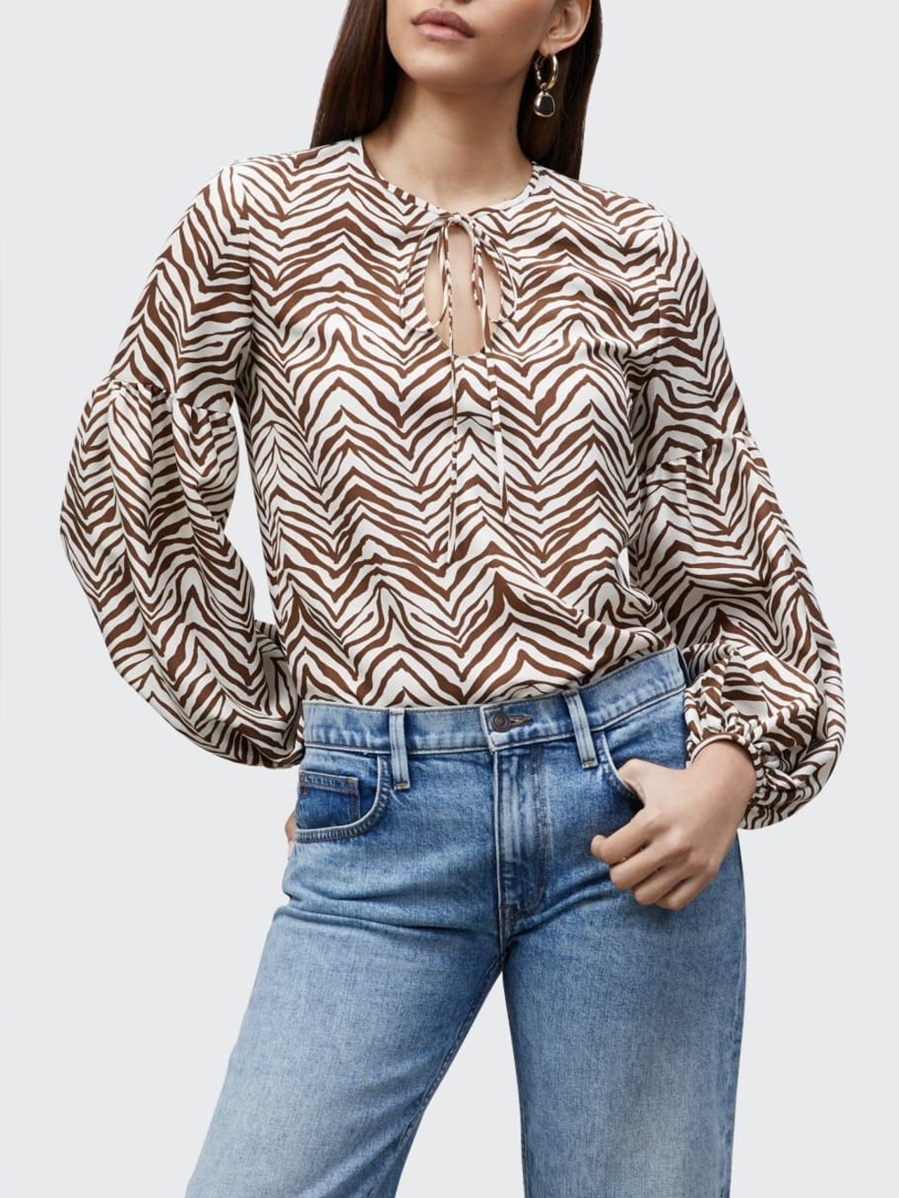 Lafayette 148 Casual Silk Zebra Lupe Blouson Sleeve Animal Print Keyhole Blouse